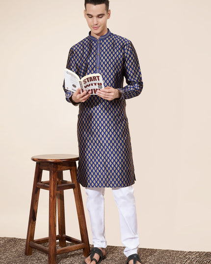 Navy Blue Jacquard Mens Kurta Pajama Set