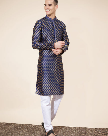 Navy Blue Jacquard Mens Kurta Pajama Set