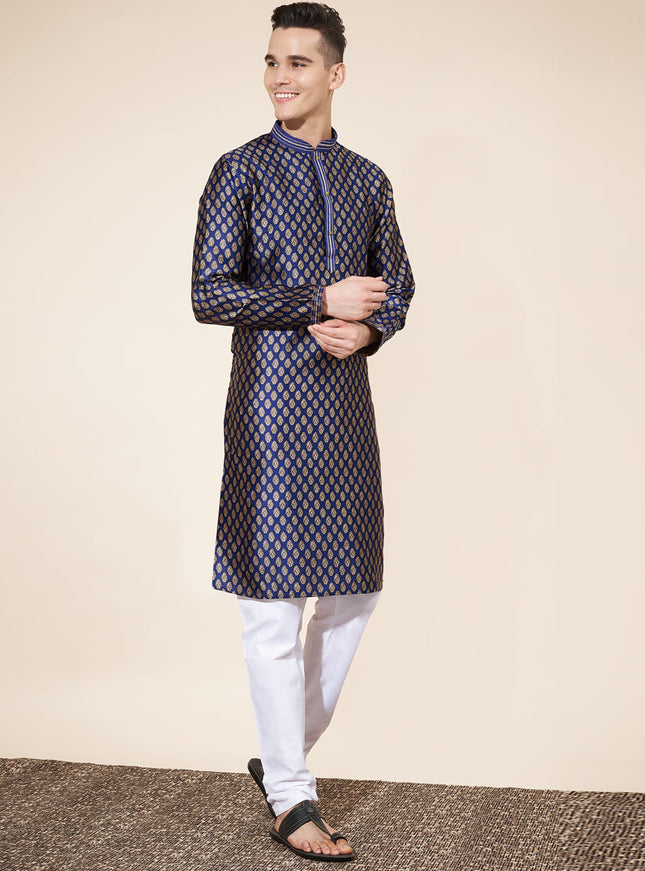 Navy Blue Jacquard Mens Kurta Pajama Set