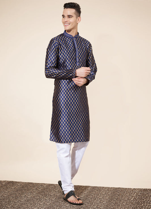 Navy Blue Jacquard Mens Kurta Pajama Set