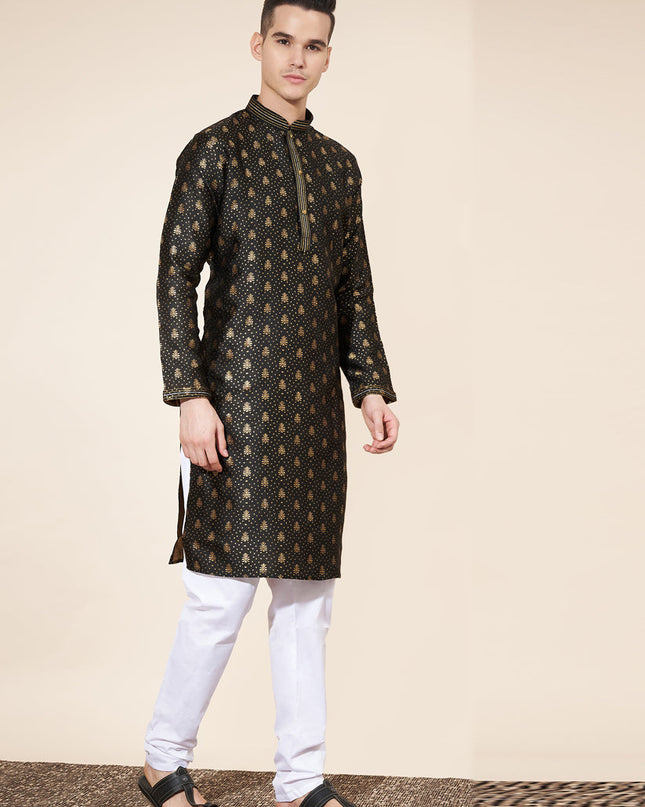 Black Jacquard Mens Kurta Pajama Set