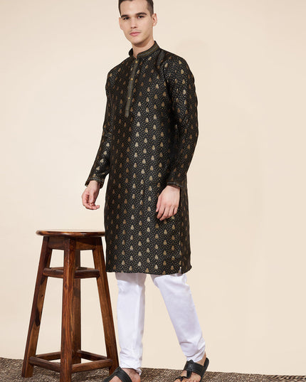 Black Jacquard Mens Kurta Pajama Set