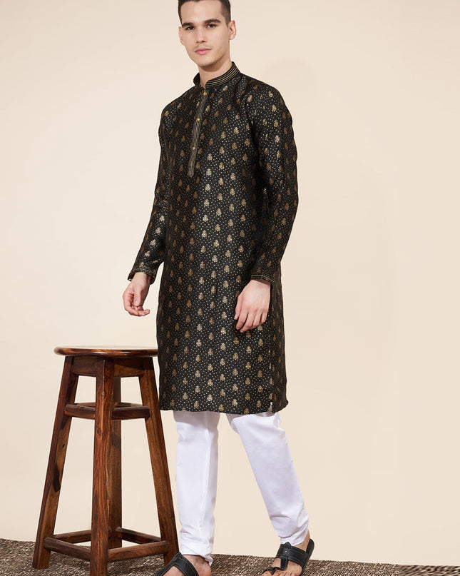 Black Jacquard Mens Kurta Pajama Set