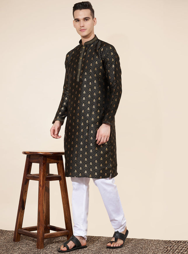 Black Jacquard Mens Kurta Pajama Set