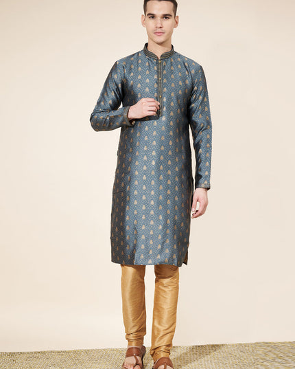 Slate Grey Jacquard Mens Kurta Pajama Set