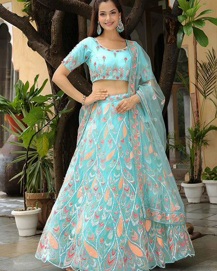 Marvelous Sky Blue Heavy Lehenga Choli Set for Festival