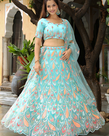 Marvelous Sky Blue Heavy Lehenga Choli Set for Festival
