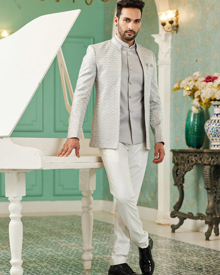 Grey Art Silk 3 Pcs Jodhpuri Suit