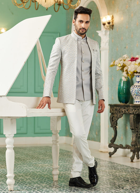 Grey Art Silk 3 Pcs Jodhpuri Suit