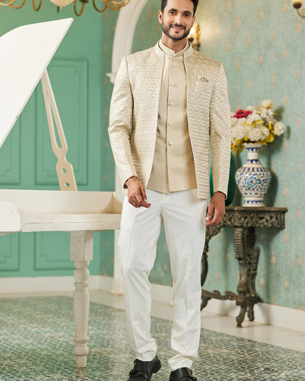 Beige Art Silk 3 Pcs Jodhpuri Suit