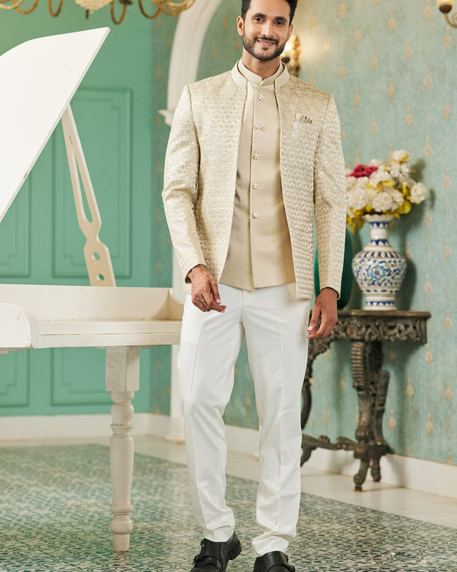 Beige Art Silk 3 Pcs Jodhpuri Suit