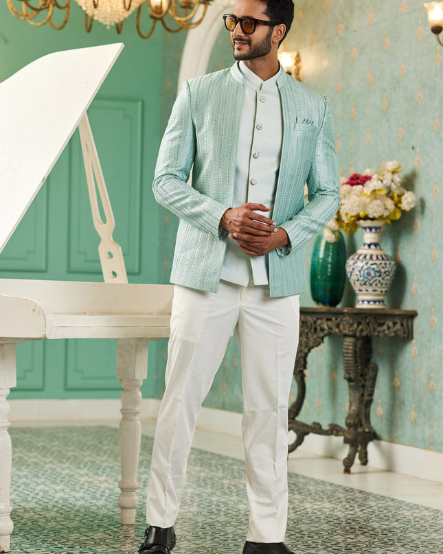 Sea Green Art Silk 3 Pcs Jodhpuri Suit