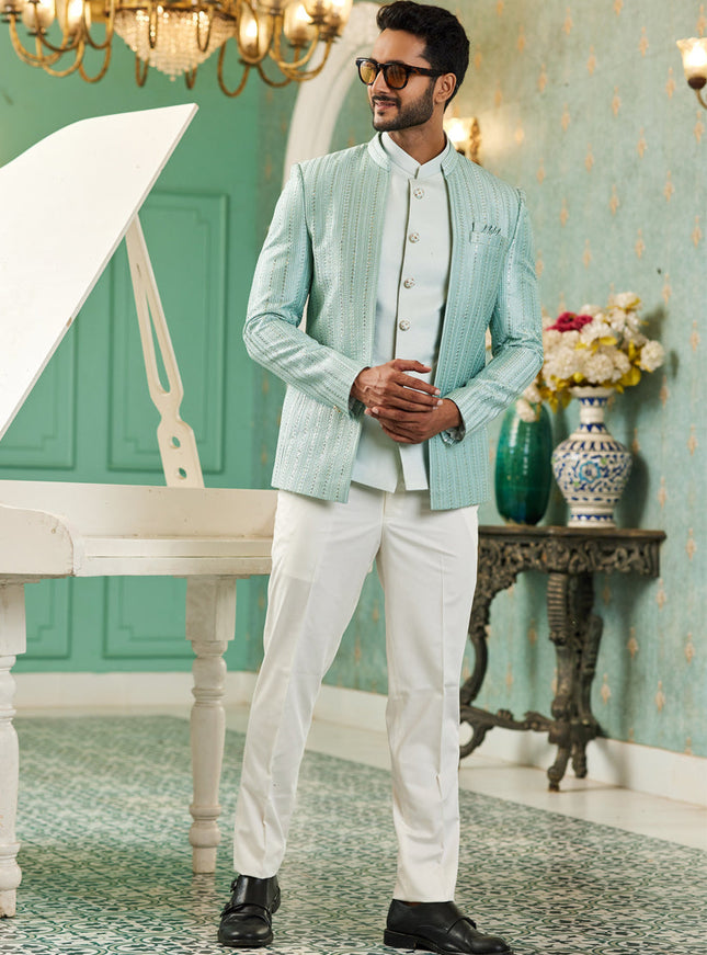Sea Green Art Silk 3 Pcs Jodhpuri Suit