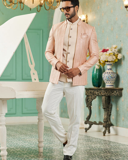 Peach Art Silk 3 Pcs Jodhpuri Suit