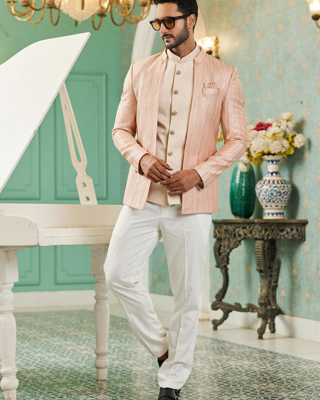 Peach Art Silk 3 Pcs Jodhpuri Suit