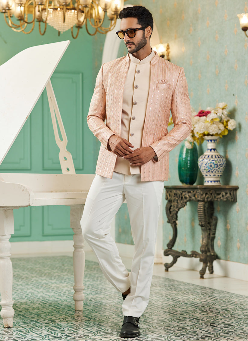 Peach Art Silk 3 Pcs Jodhpuri Suit