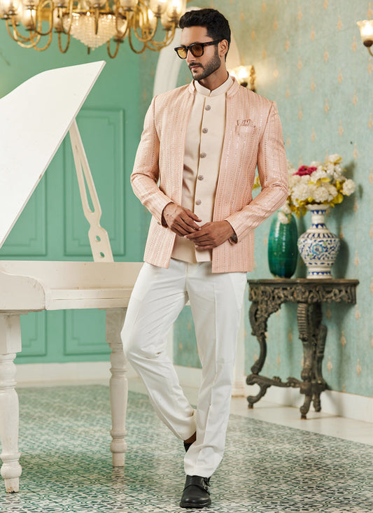 Peach Art Silk 3 Pcs Jodhpuri Suit