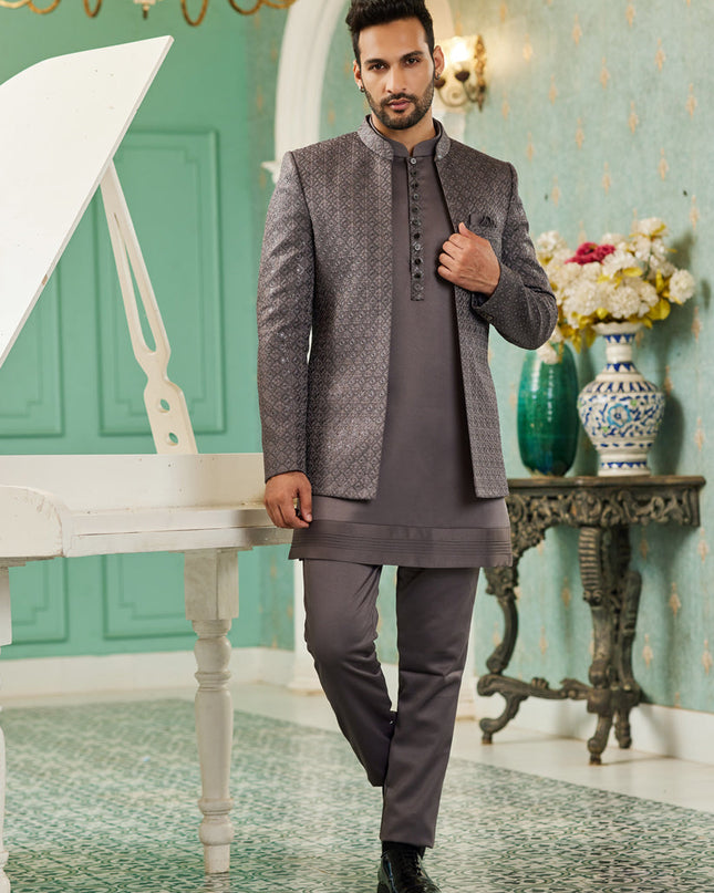 Slate Grey Art Silk 3 Pcs Jodhpuri Suit