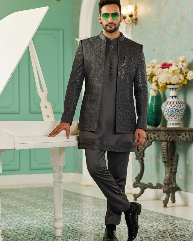 Black Art Silk 3 Pcs Jodhpuri Suit