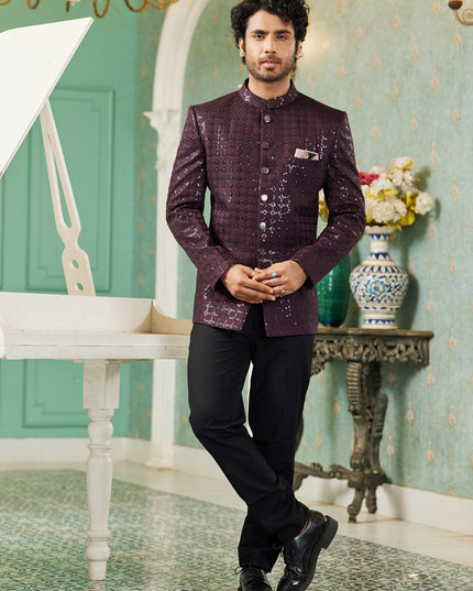 Wine Art Silk Jodhpuri Suit