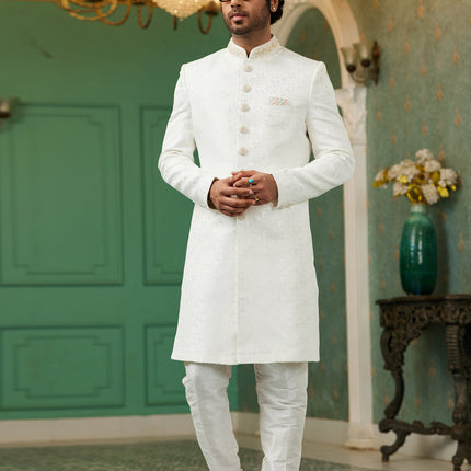 Off White Jacquard Silk Indo Western Outfit