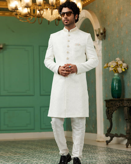 Off White Jacquard Silk Indo Western Outfit