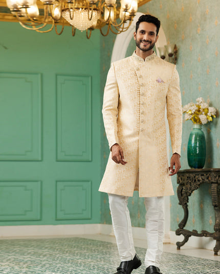 Cream Jacquard Silk Indo Western Outfit