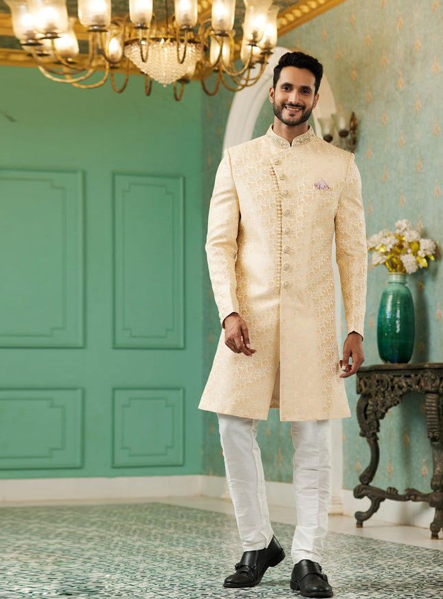 Cream Jacquard Silk Indo Western Outfit