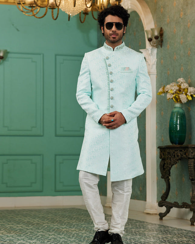 Firozi Jacquard Silk Indo Western Outfit