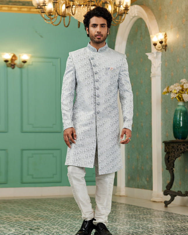 Silver Grey Jacquard Silk Indo Western Outfit