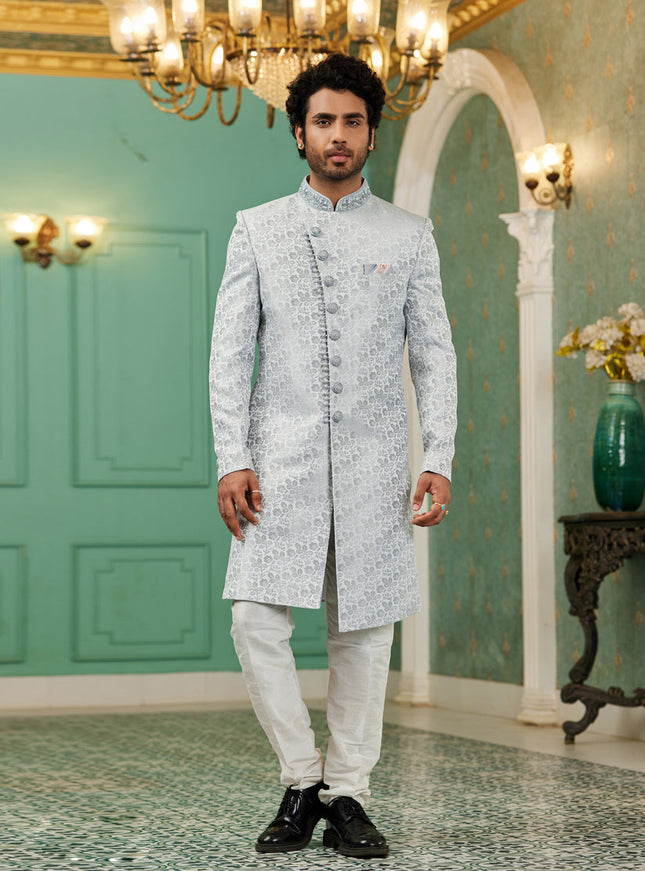 Silver Grey Jacquard Silk Indo Western Outfit