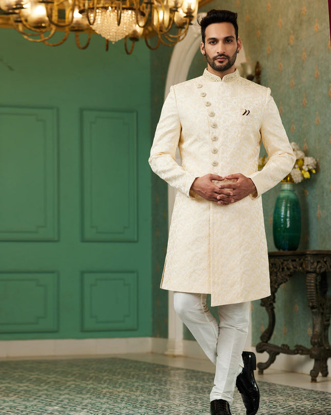 Beige Jacquard Silk Indo Western Outfit