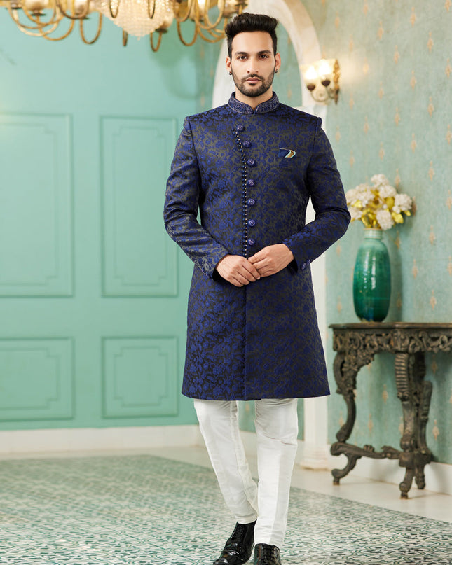Navy Blue Jacquard Silk Indo Western Outfit
