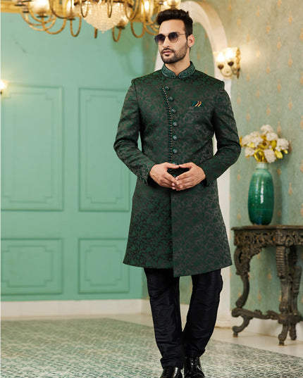 Bottle Green Jacquard Silk Indo Western Outfit