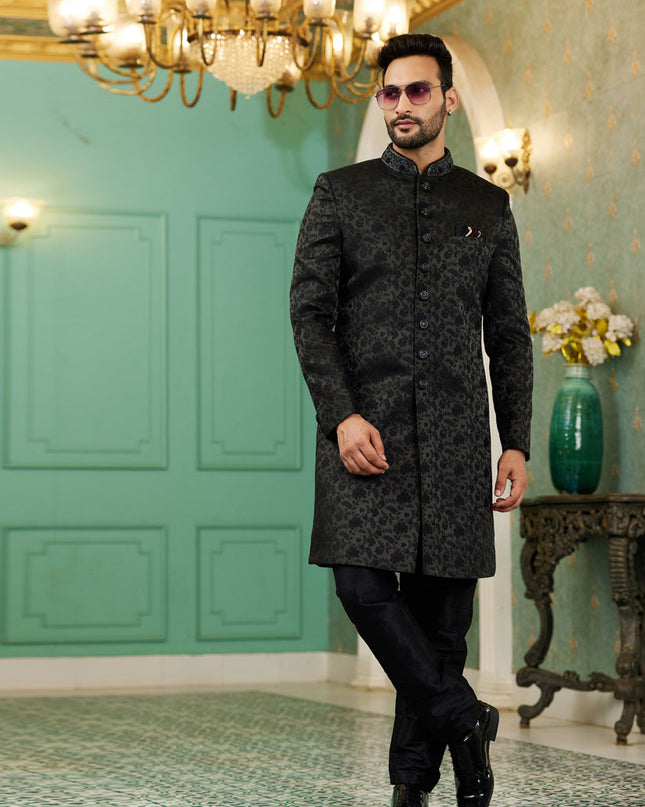 Black Jacquard Silk Indo Western Outfit