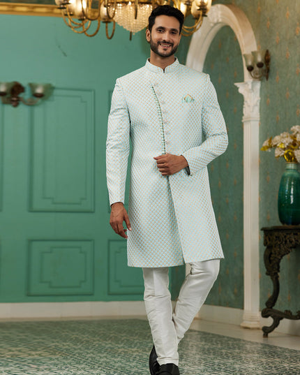 Mint Blue Jacquard Silk Indo Western Outfit