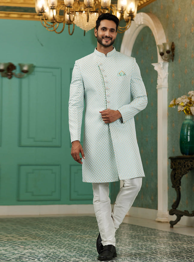 Mint Blue Jacquard Silk Indo Western Outfit