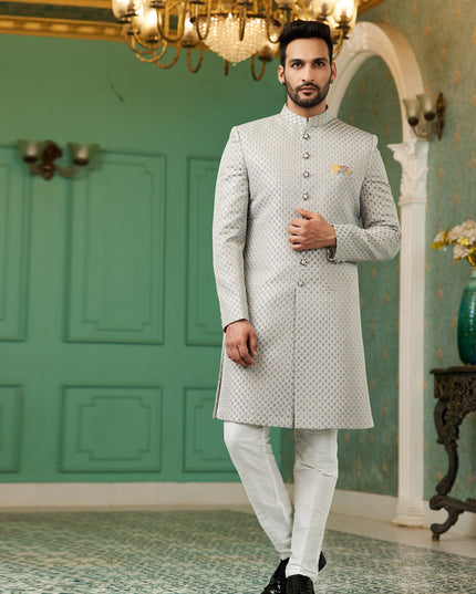 Grey Jacquard Silk Indo Western Outfit