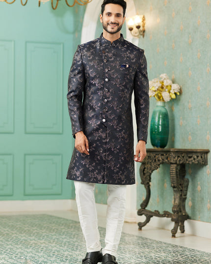 Black Jacquard Silk Indo Western Outfit