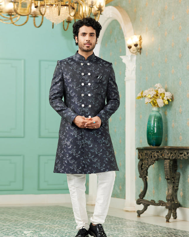 Midnight Blue Jacquard Silk Indo Western Outfit