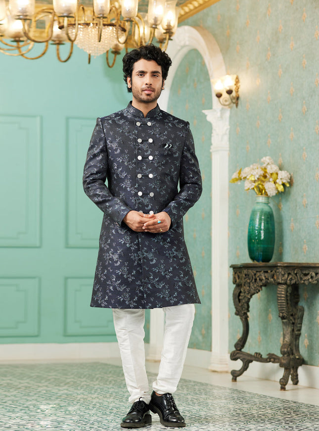 Midnight Blue Jacquard Silk Indo Western Outfit