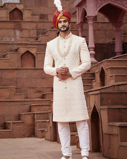 Cream Art Silk Designer Sherwani