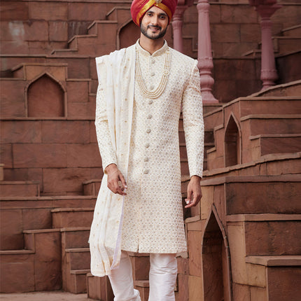 Cream Art Silk Designer Sherwani