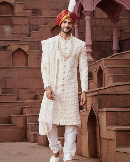 Cream Art Silk Designer Sherwani