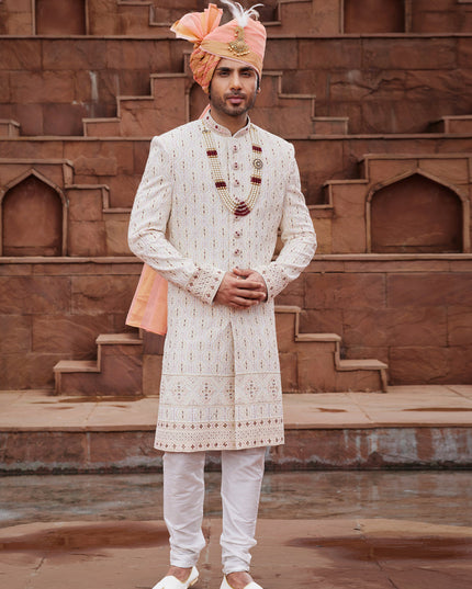 Cream Georgette Designer Sherwani