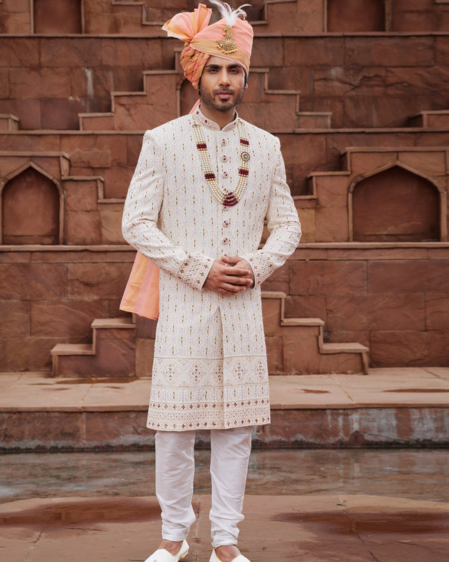 Cream Georgette Designer Sherwani