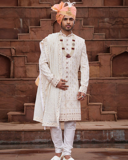 Cream Georgette Designer Sherwani