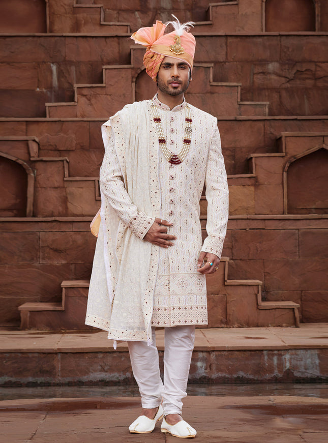 Cream Georgette Designer Sherwani