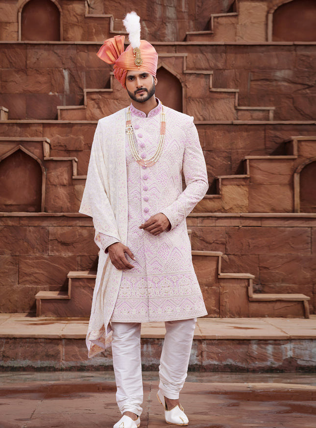 Cream Georgette Designer Sherwani