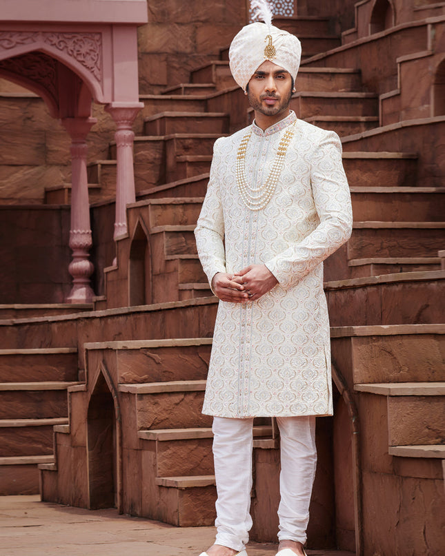 Cream Art Silk Designer Sherwani